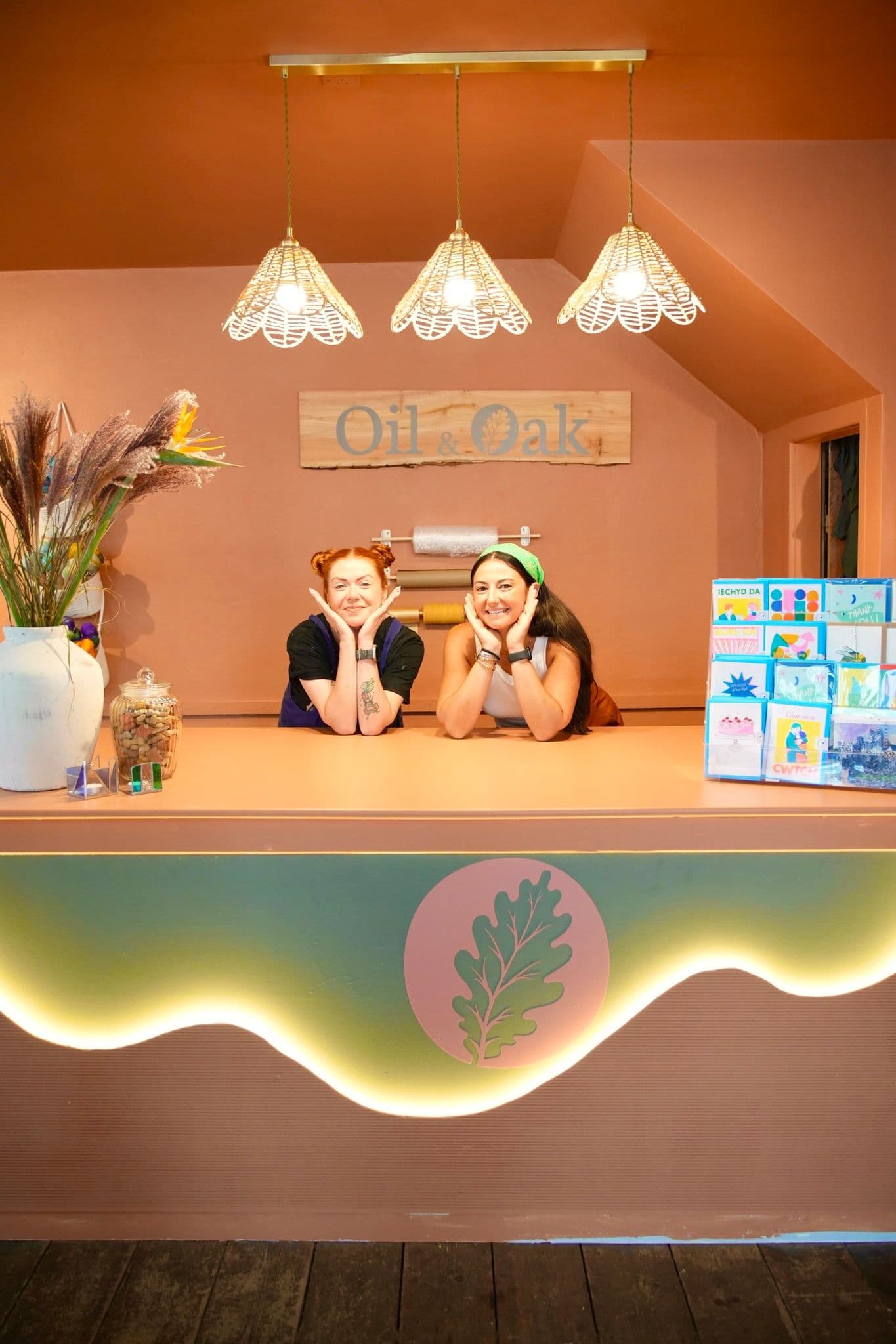 Sophie Newlands and Lia Gold at Oil & Oak, the shop they designed together in Hay-on-Wye