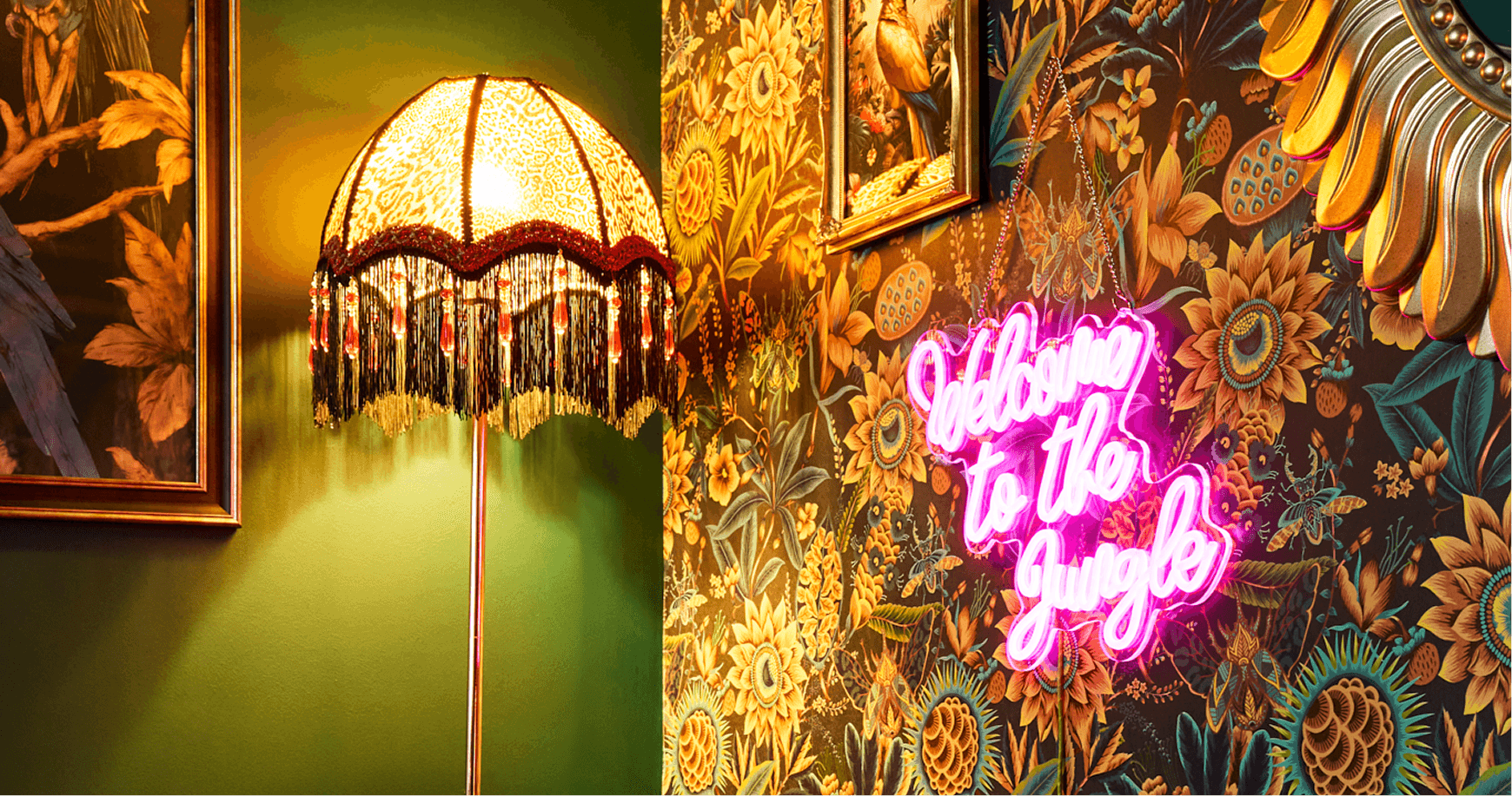 Maximalist shot showing high detail print wall paper and fancy lighting
