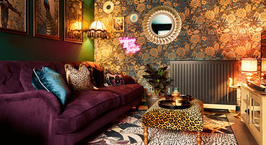 Full room shot of maximalist style living room